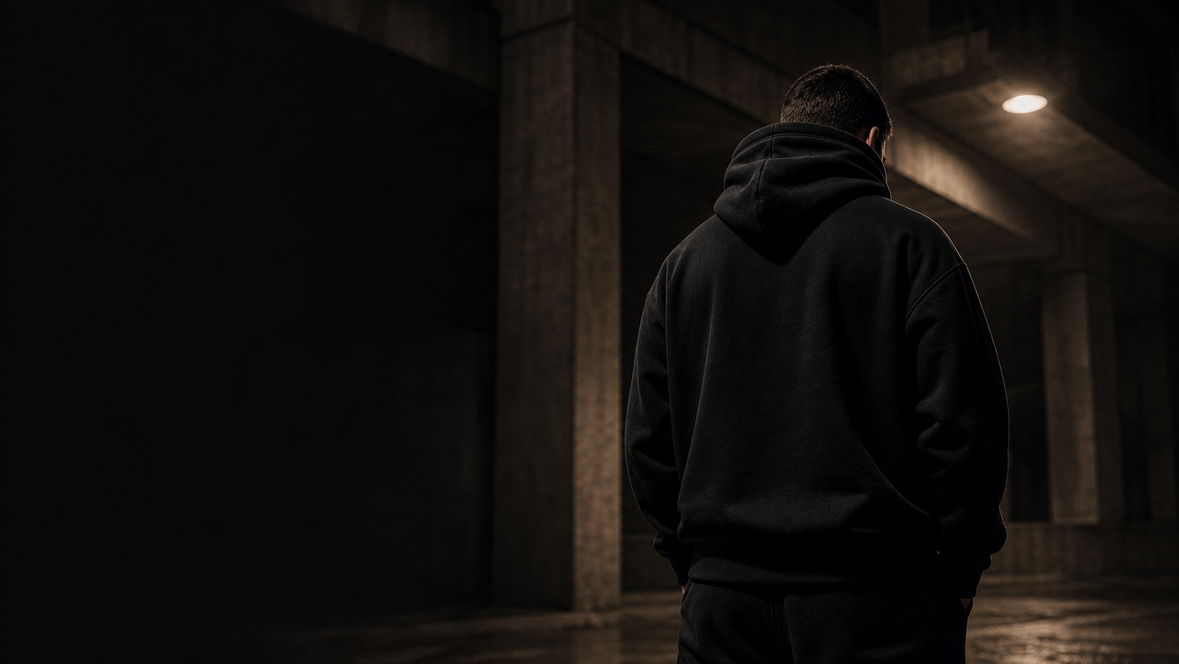 Anonymous athlete wearing a black heavyweight hoodie in a concrete underpass at night